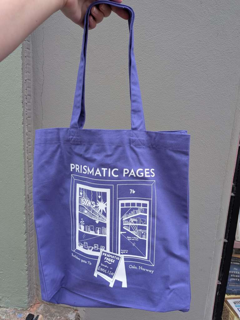 Purple with white store front tote bag